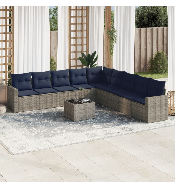 Salon de jardin 10 pcs avec coussins gris résine tressée | Mobilier & Déco