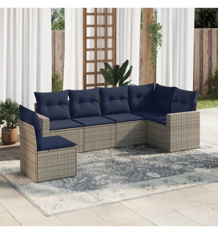 Salon de jardin 6 pcs avec coussins gris résine tressée | Mobilier & Déco