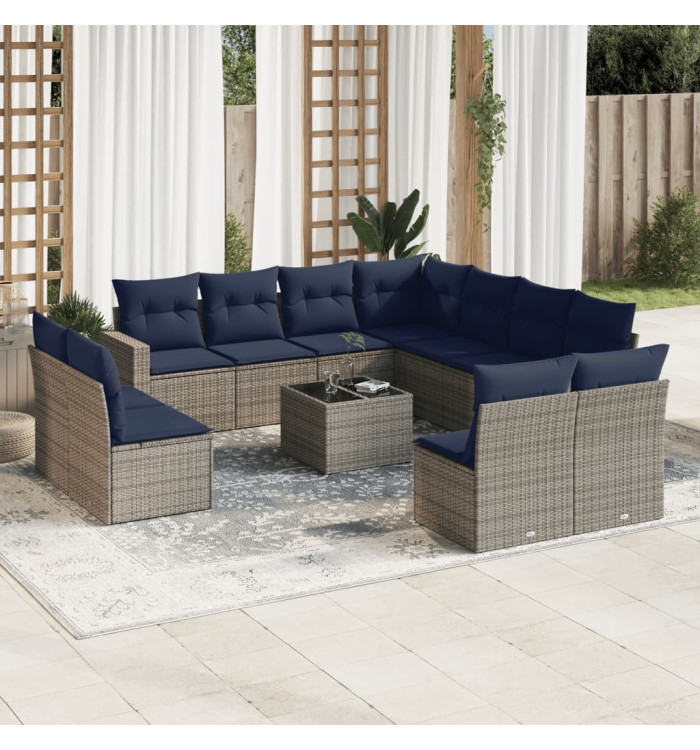 Salon de jardin avec coussins 12 pcs gris résine tressée | Mobilier & Déco