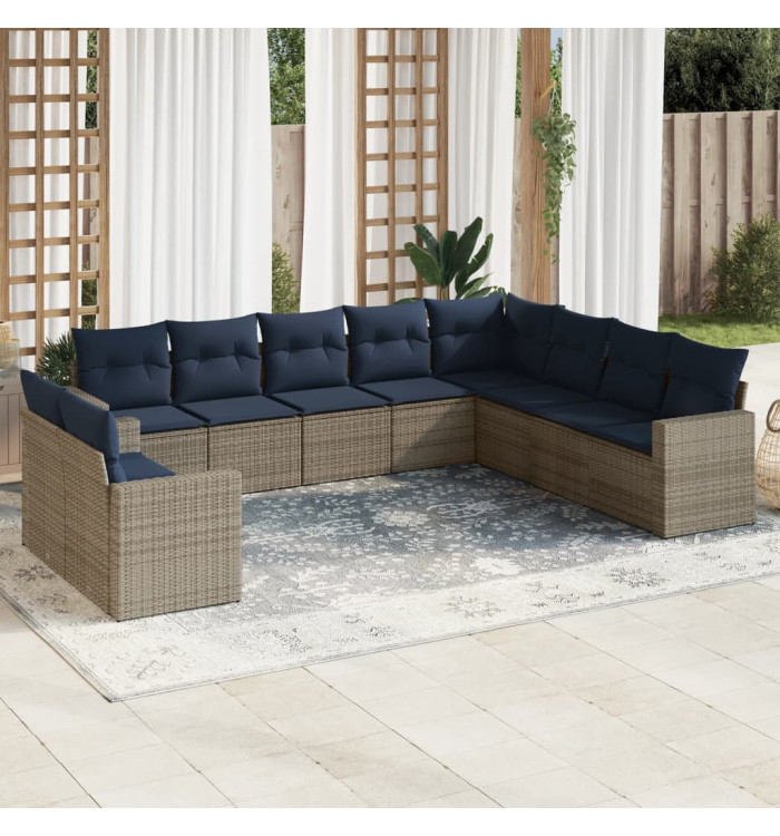 Salon de jardin 10 pcs avec coussins gris résine tressée | Mobilier & Déco