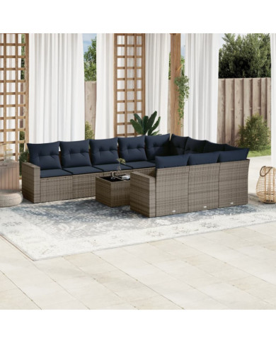 Salon de jardin 11 pcs avec coussins gris résine tressée | Mobilier & Déco