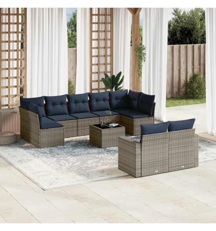 Salon de jardin 10 pcs avec coussins gris résine tressée | Mobilier & Déco
