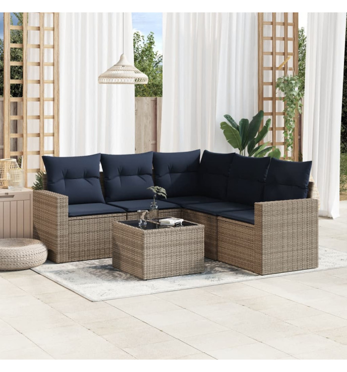 Salon de jardin 6 pcs avec coussins gris résine tressée | Mobilier & Déco