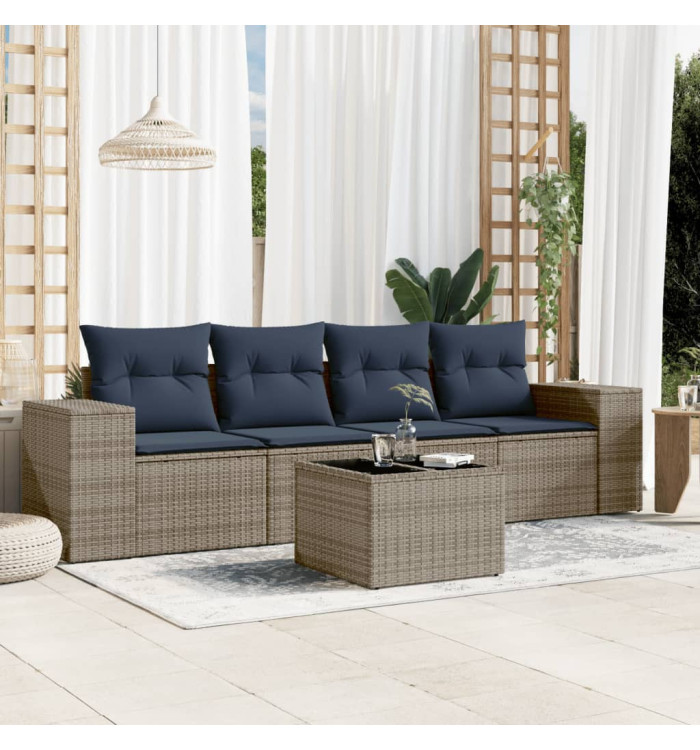 Salon de jardin 5 pcs avec coussins gris résine tressée | Mobilier & Déco