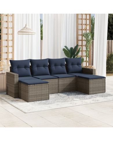 Salon de jardin 6 pcs avec coussins gris résine tressée | Mobilier & Déco