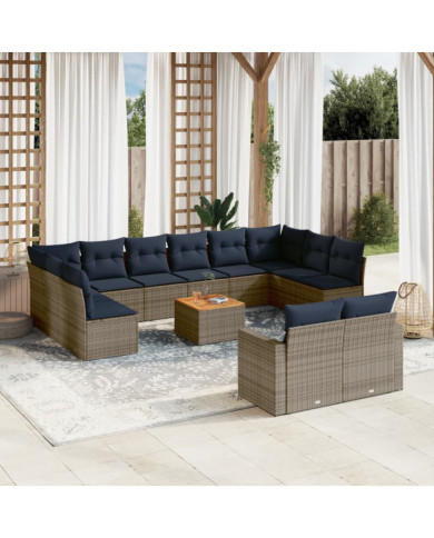 Salon de jardin avec coussins 13 pcs gris résine tressée | Mobilier & Déco