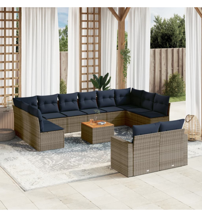 Salon de jardin avec coussins 13 pcs gris résine tressée | Mobilier & Déco