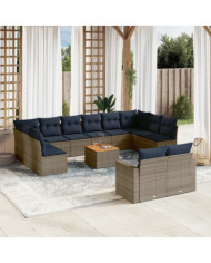 Salon de jardin avec coussins 13 pcs gris résine tressée | Mobilier & Déco