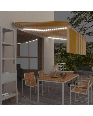 Auvent manuel rétractable avec store et LED 4x3m Jaune et blanc | Mobilier & Déco