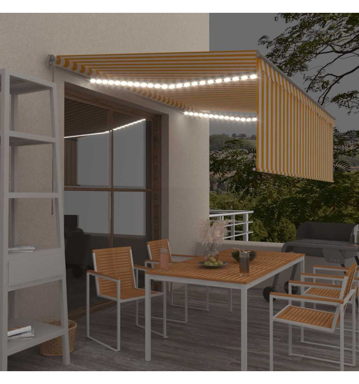 Auvent manuel rétractable avec store et LED 4x3m Jaune et blanc | Mobilier & Déco