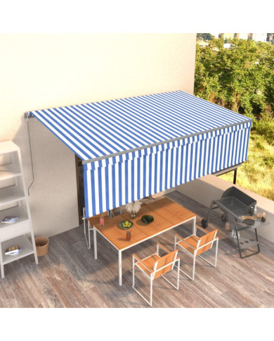 Auvent rétractable manuel avec store 5x3 m Bleu et blanc | Mobilier & Déco