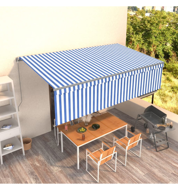 Auvent rétractable manuel avec store 5x3 m Bleu et blanc | Mobilier & Déco
