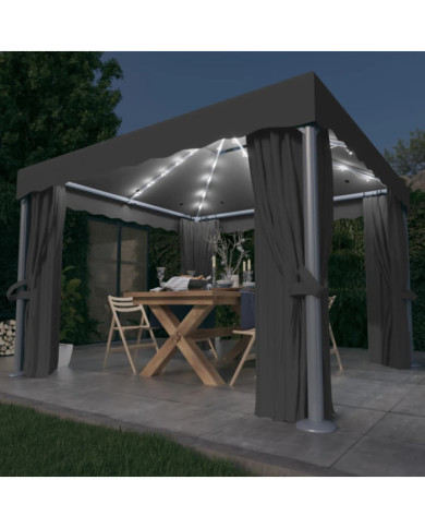 Tonnelle avec rideau et guirlande lumineuse LED 3x3m Anthracite | Mobilier & Déco