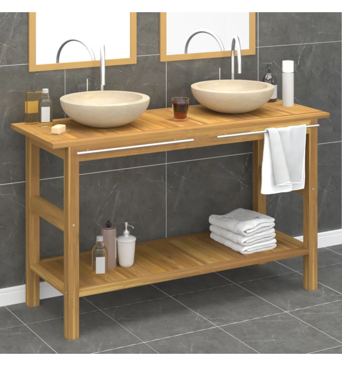 Armoire de salle de bain et lavabos en marbre crème Teck massif | Mobilier & Déco