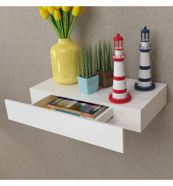 Étagère murale avec 1 tiroir MDF Blanc Rangement de livres/DVD | Mobilier & Déco