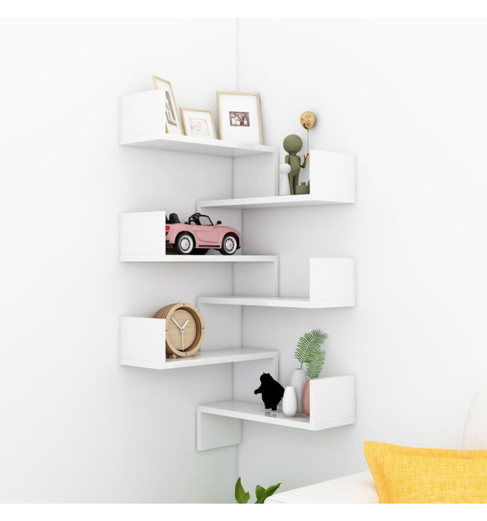 Étagères murales d'angle 2 pcs Blanc brillant Bois d’ingénierie | Mobilier & Déco