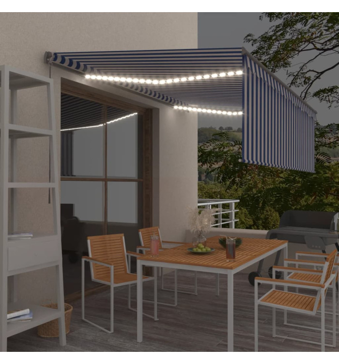 Auvent manuel rétractable avec store et LED 4x3 m Bleu et blanc | Mobilier & Déco