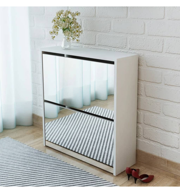 Meuble à chaussures 2 étages avec miroir 63x17x67 cm Blanc | Mobilier & Déco