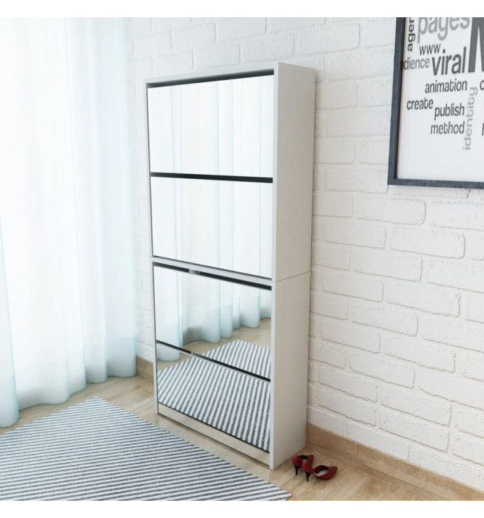 Meuble à chaussures 4 étagères et miroir 63x17x134 cm Blanc | Mobilier & Déco