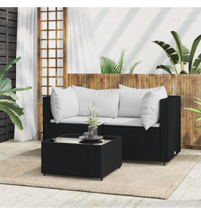 Salon de jardin 3 pcs avec coussins Noir Résine tressée | Mobilier & Déco