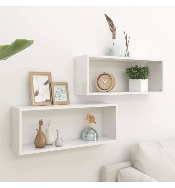 Étagères murales cube 2 pcs Blanc brillant Bois d’ingénierie | Mobilier & Déco