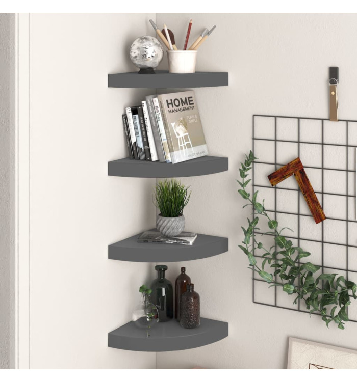 Étagères d'angle flottantes 4 pcs gris brillant 25x25x3,8cm MDF | Mobilier & Déco