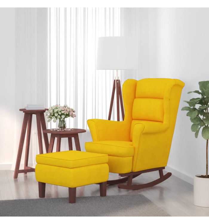 Chaise à bascule avec pieds en bois et tabouret Jaune Velours | Mobilier & Déco