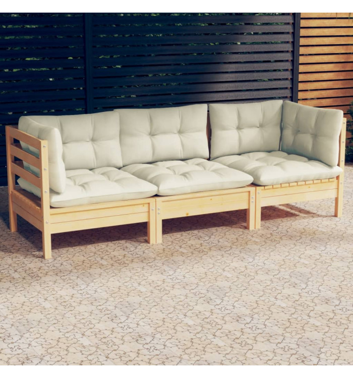 Canapé 3 places de jardin et coussins crème Bois de pin solide | Mobilier & Déco