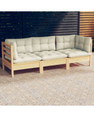 Canapé 3 places de jardin et coussins crème Bois de pin solide | Mobilier & Déco