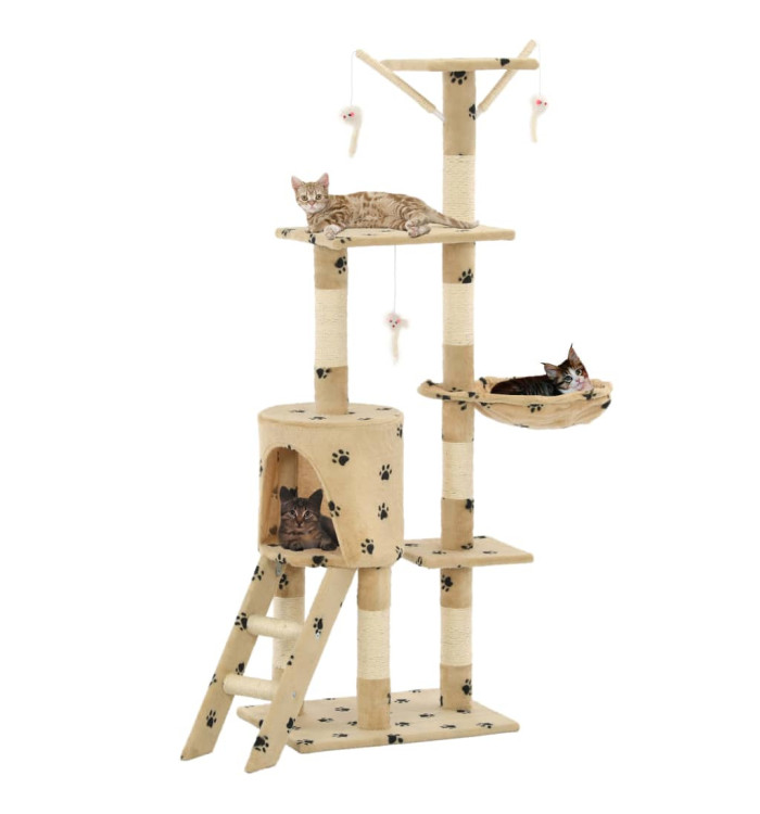 Arbre à chat avec griffoir en sisal 138cm Beige Motif de pattes | Mobilier & Déco