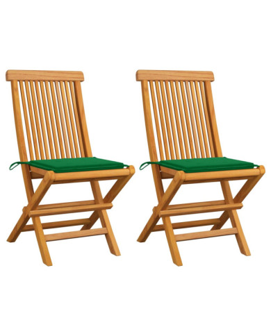 Chaises de jardin et coussins vert lot de 2 Bois de teck massif | Mobilier & Déco
