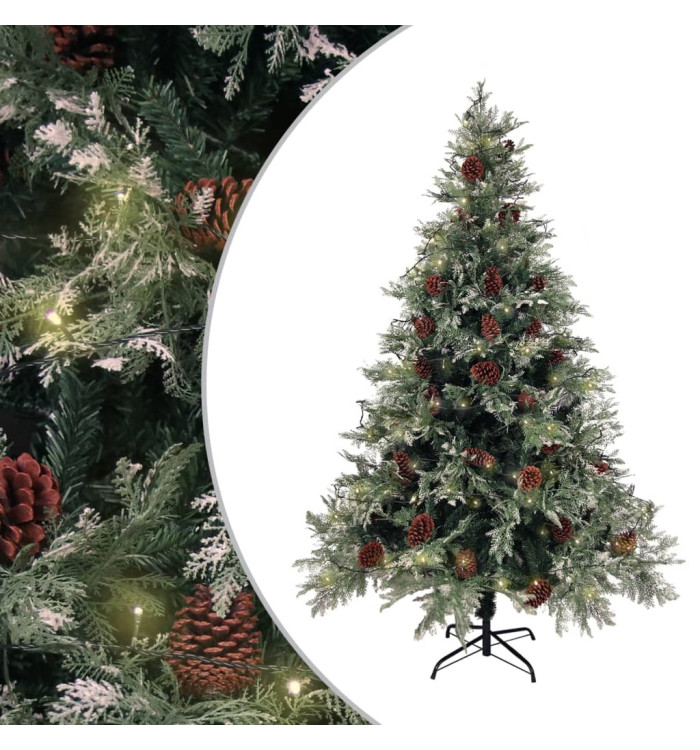 Sapin de Noël pré-éclairé pommes de pin vert blanc 150cm PVC PE | Mobilier & Déco