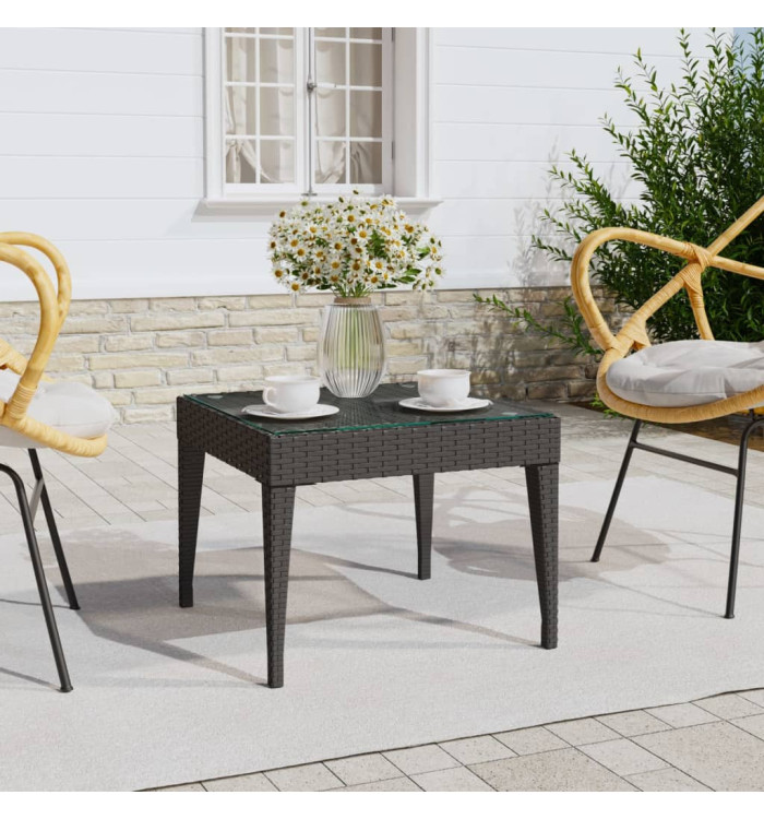 Table d'appoint noir 50x50x38 cm poly rotin et verre trempé | Mobilier & Déco