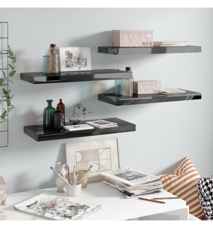 Étagère murale flottante 4 pcs Noir brillant 60x23,5x3,8 cm MDF | Mobilier & Déco