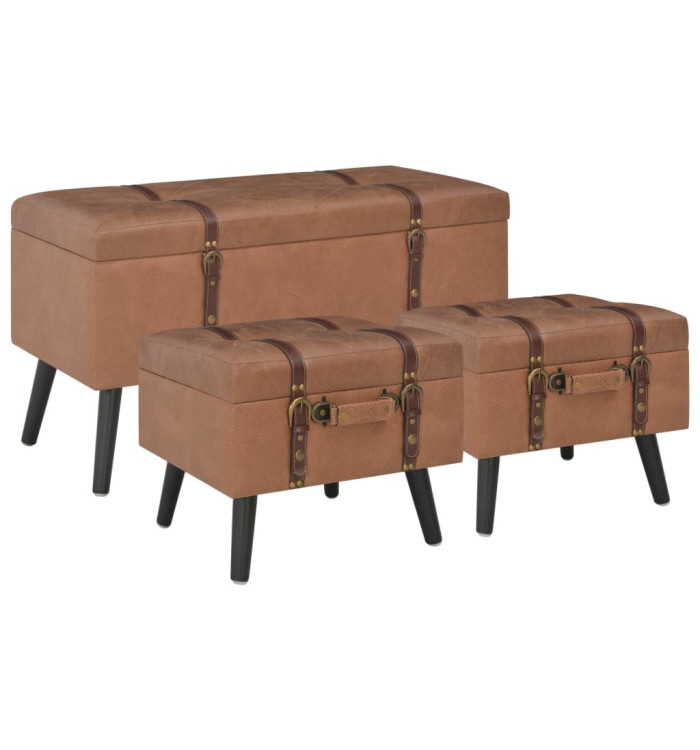 Tabourets de rangement lot de 3 Marron Similicuir | Mobilier & Déco