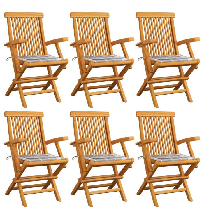 Chaises de jardin coussins à carreaux gris lot de 6 Teck massif | Mobilier & Déco