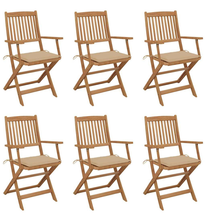 Chaises pliables de jardin lot de 6 avec coussins Bois d'acacia | Mobilier & Déco
