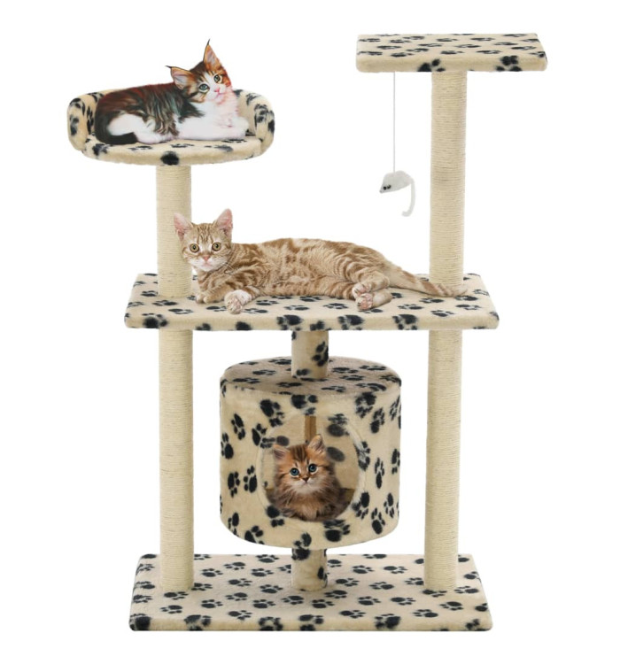 Arbre à chat avec griffoir en sisal 95 cm Beige Motif de pattes | Mobilier & Déco