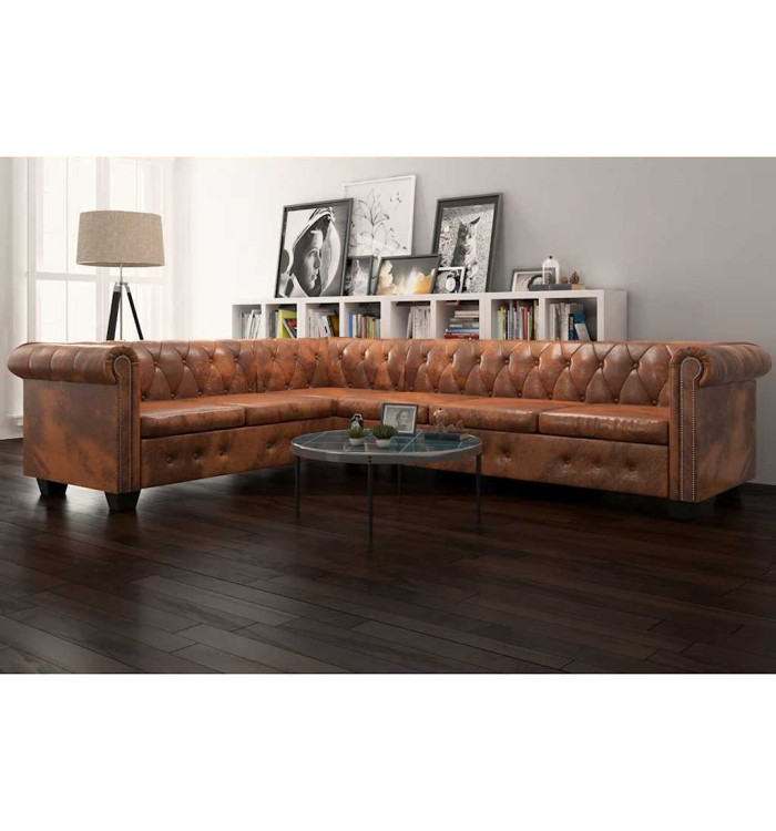 Canapé d'angle Chesterfield 6 Places Cuir artificiel Marron | Mobilier & Déco