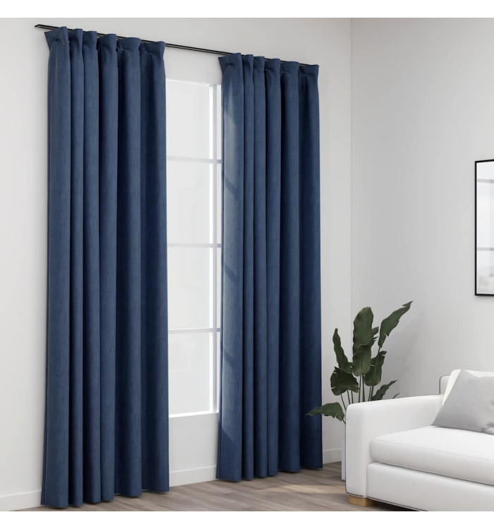 Rideaux occultants aspect lin avec crochets 2pcs Bleu 140x245cm | Mobilier & Déco