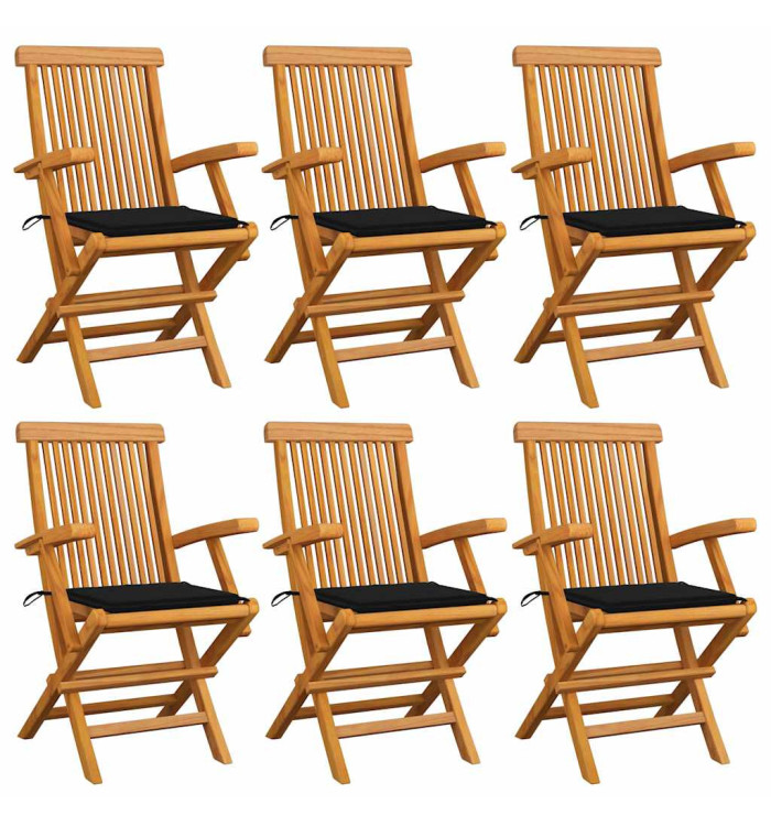 Chaises de jardin avec coussins noir lot de 6 Bois teck massif | Mobilier & Déco