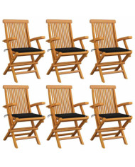 Chaises de jardin avec coussins noir lot de 6 Bois teck massif | Mobilier & Déco