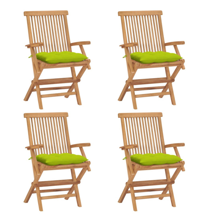 Chaises de jardin avec coussins vert vif lot de 4 Bois de teck | Mobilier & Déco