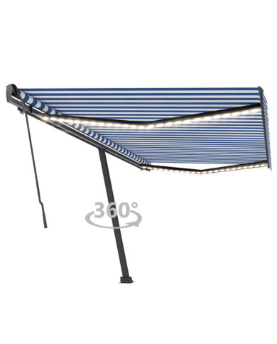 Auvent manuel rétractable avec LED 500x350 cm Bleu et blanc | Mobilier & Déco