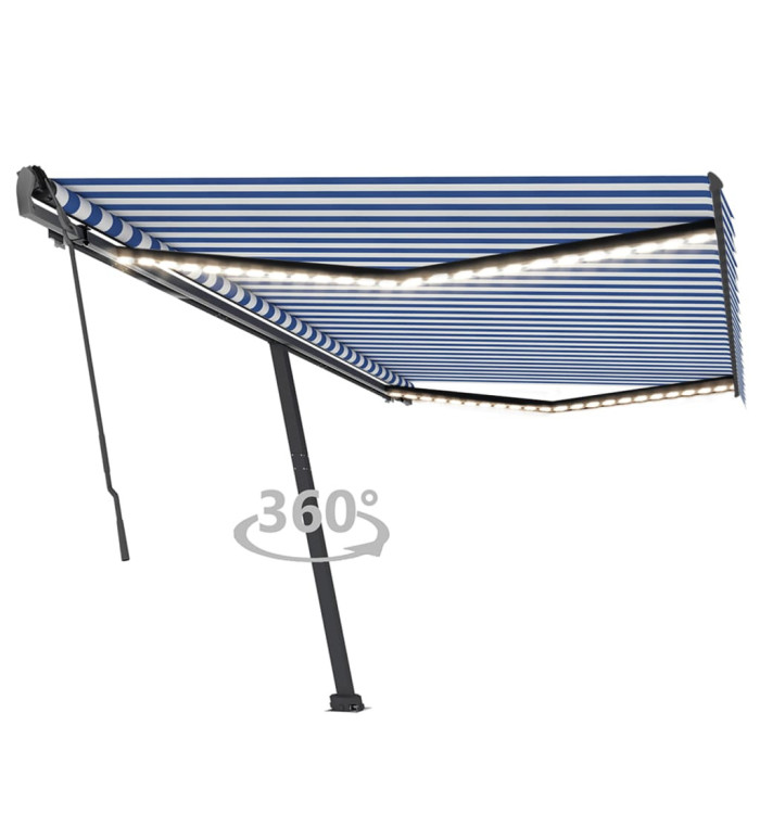 Auvent manuel rétractable avec LED 500x350 cm Bleu et blanc | Mobilier & Déco