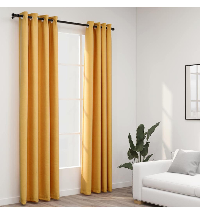 Rideaux occultants Aspect lin à œillets 2 pcs Jaune 140x245 cm | Mobilier & Déco