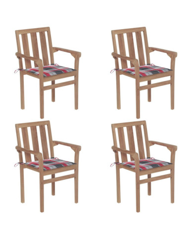 Chaises de jardin empilables avec coussins lot de 4 Teck solide | Mobilier & Déco