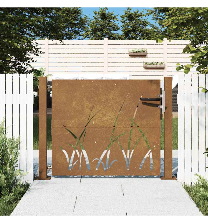 Portail de jardin 105x105 cm acier corten conception d'herbe | Mobilier & Déco