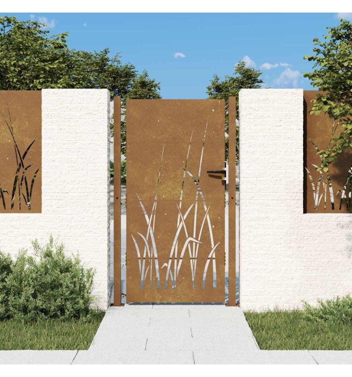 Portail de jardin 105x205 cm acier corten conception d'herbe | Mobilier & Déco