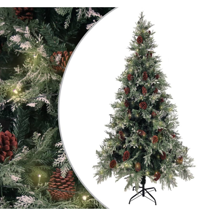 Sapin de Noël pré-éclairé pommes de pin vert blanc 225cm PVC PE | Mobilier & Déco